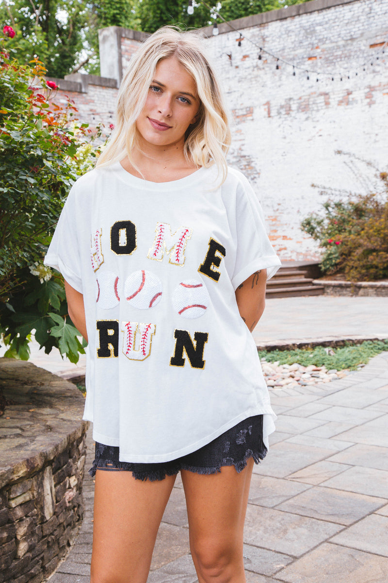 Sequin Homerun Graphic Tee, White/Black