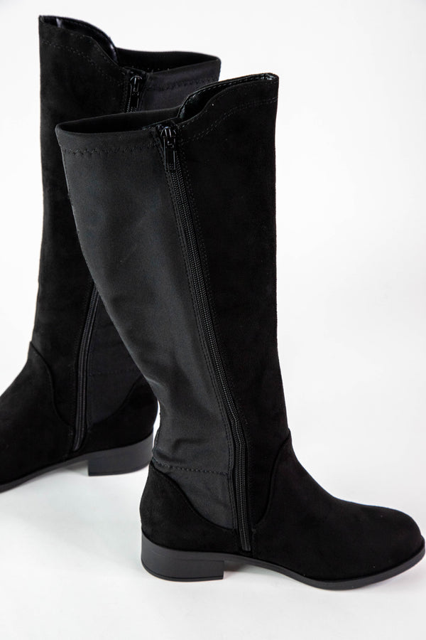 Cheese Stretch Back Tall Boot, Black Faux Suede