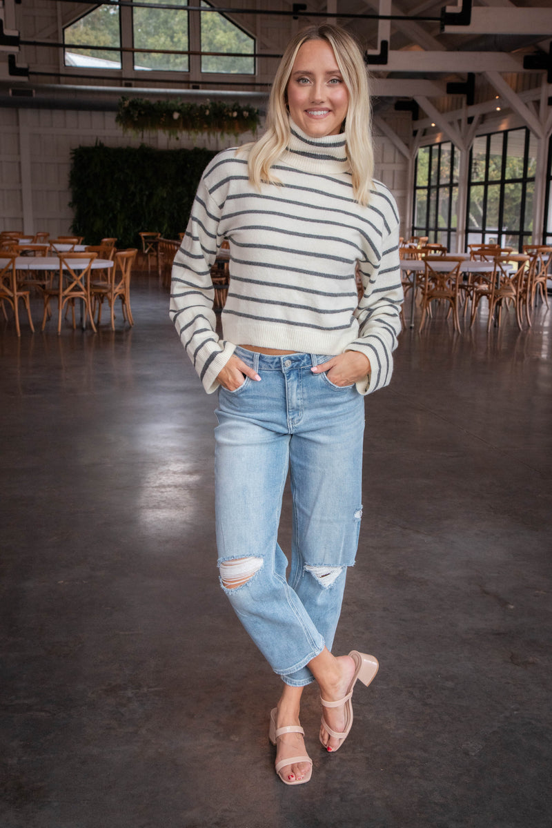 Narsha Turtleneck Sweater, Ivory Stripe | Steve Madden