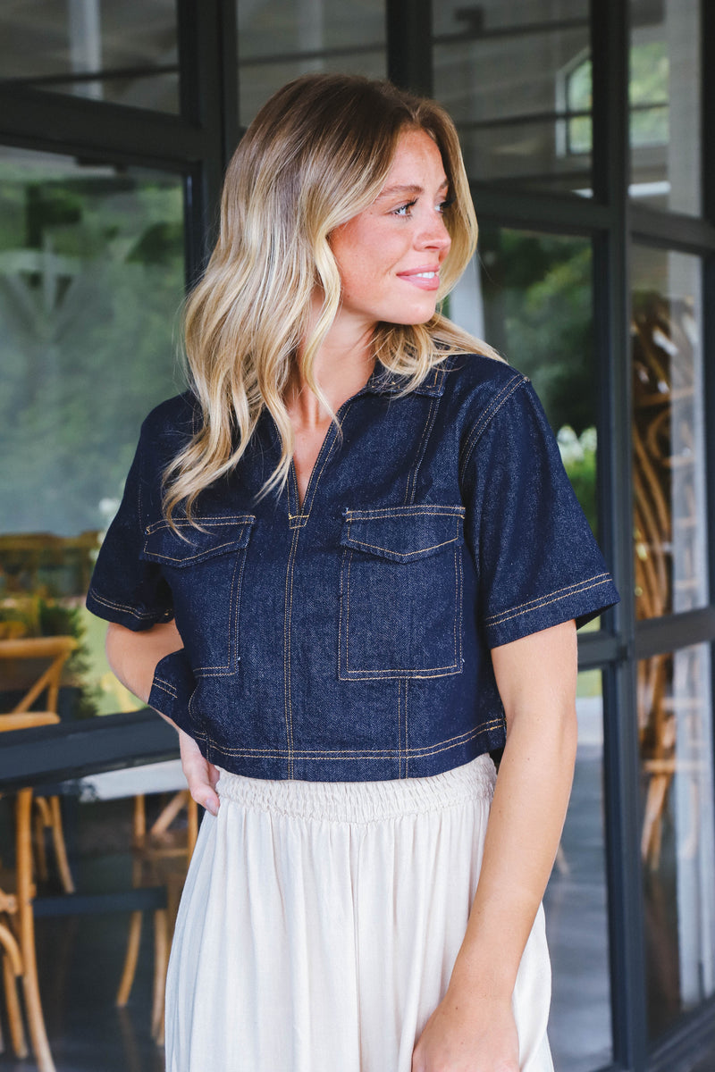 Shayla Collared Crop Top, Dark Denim