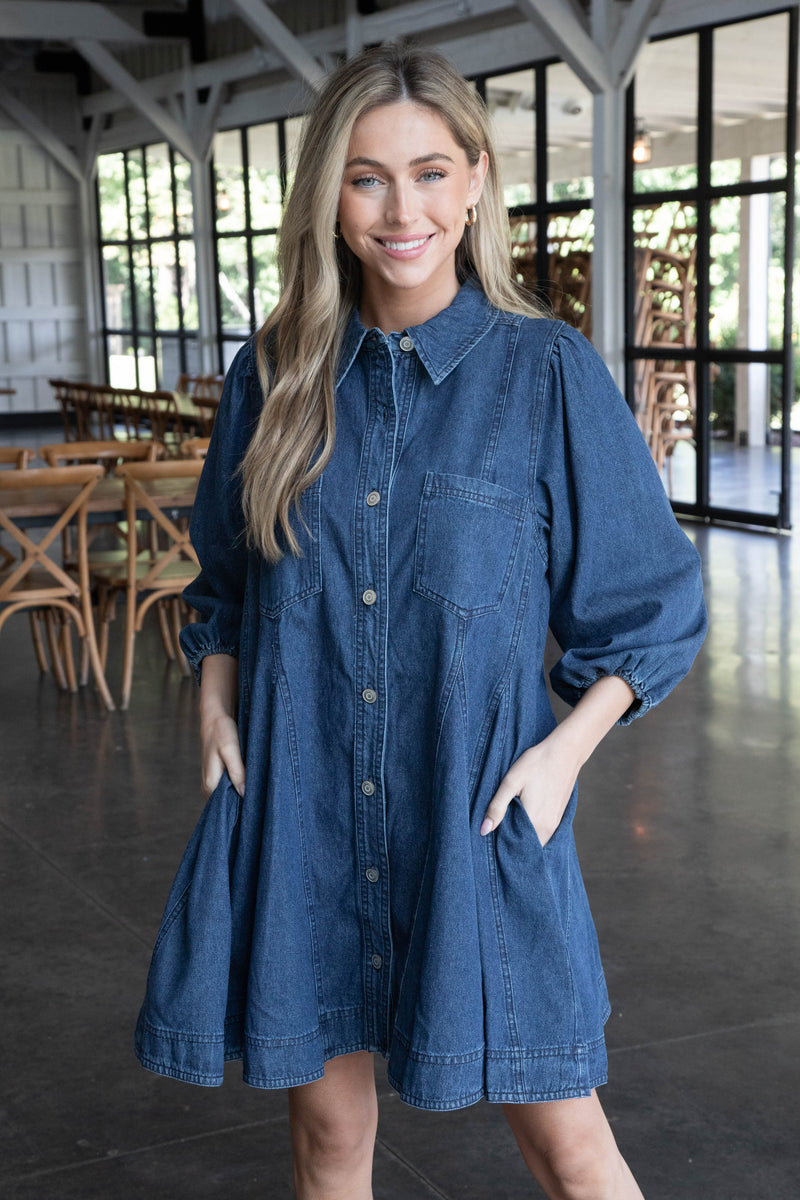 Addy Button Down Shirt Dress, Dark Denim