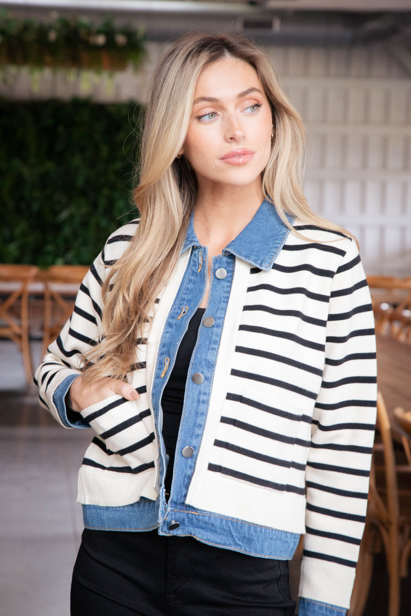 Rhylee Striped Denim Trim Cardigan, Cream