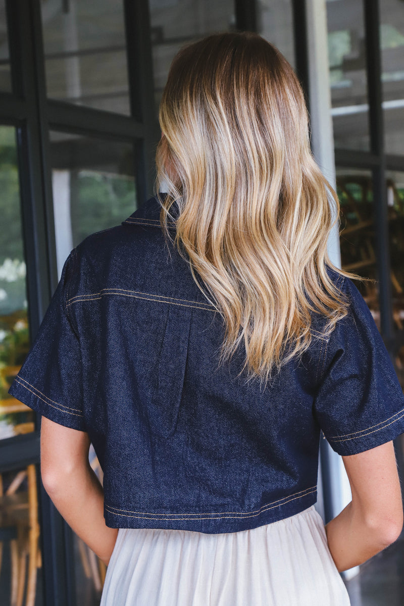 Shayla Collared Crop Top, Dark Denim