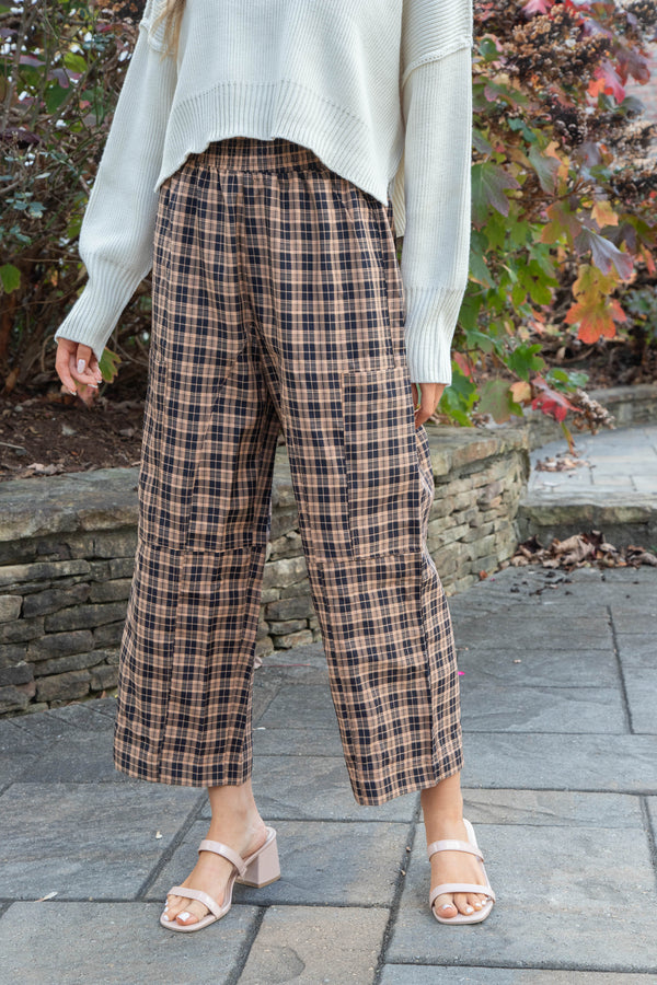 Liah Check Plaid Pants, Black/Camel