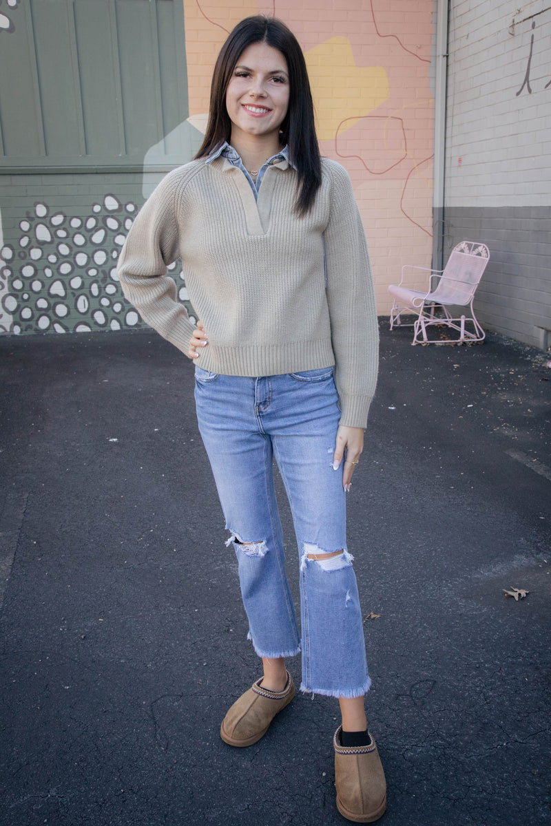 Jodi Denim Contrast Sweater, Taupe/Denim