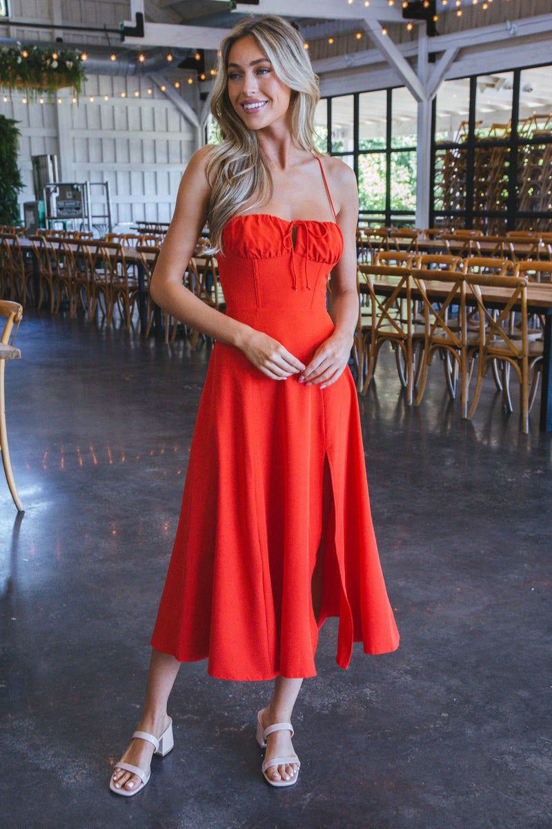 Natasha Strappy Corset Midi Dress, Red