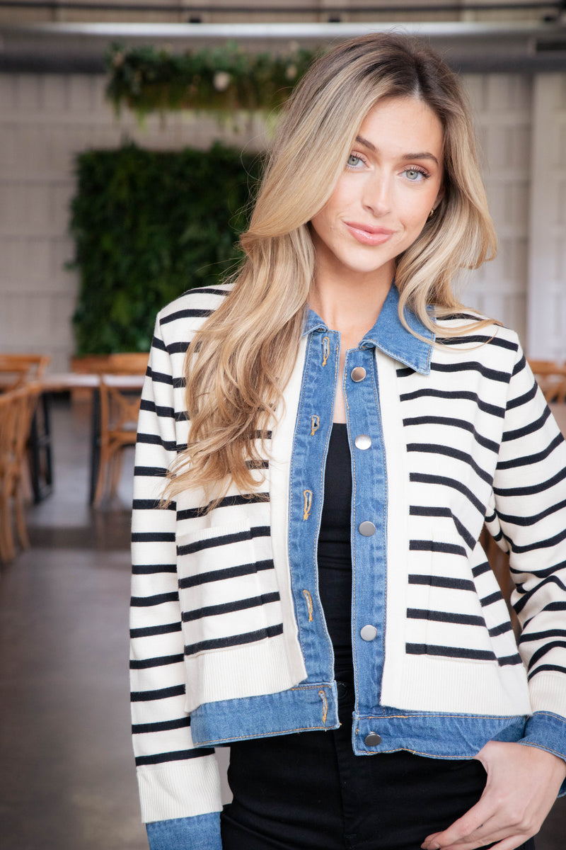 Rhylee Striped Denim Trim Cardigan, Cream