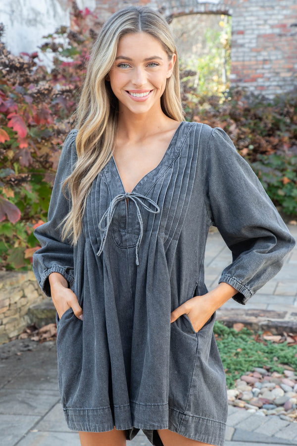 Mallorie Pleated Denim Romper, Grey