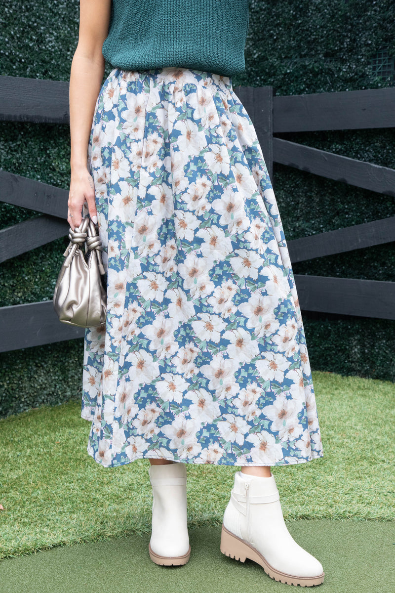 Seren Floral Midi Skirt, Navy Multi