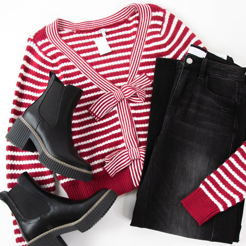 Milan Striped Bow Front Cardigan, Red