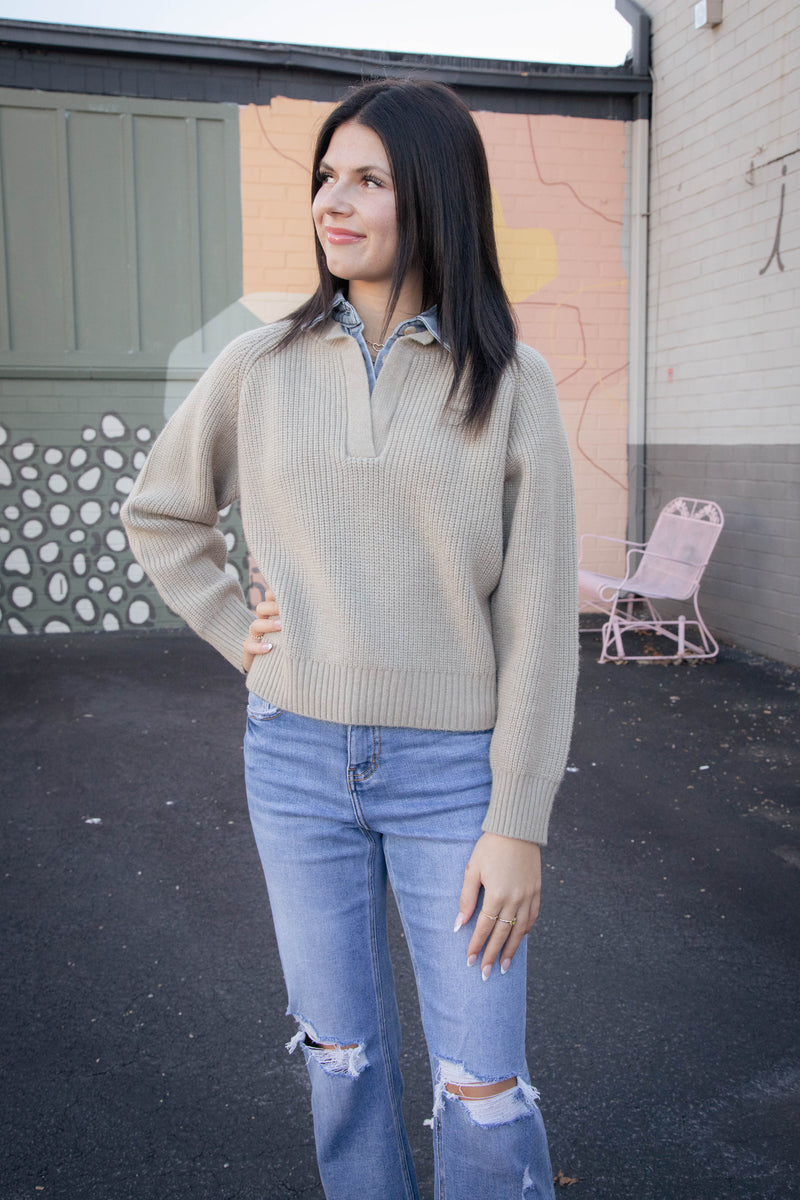 Jodi Denim Contrast Sweater, Taupe/Denim