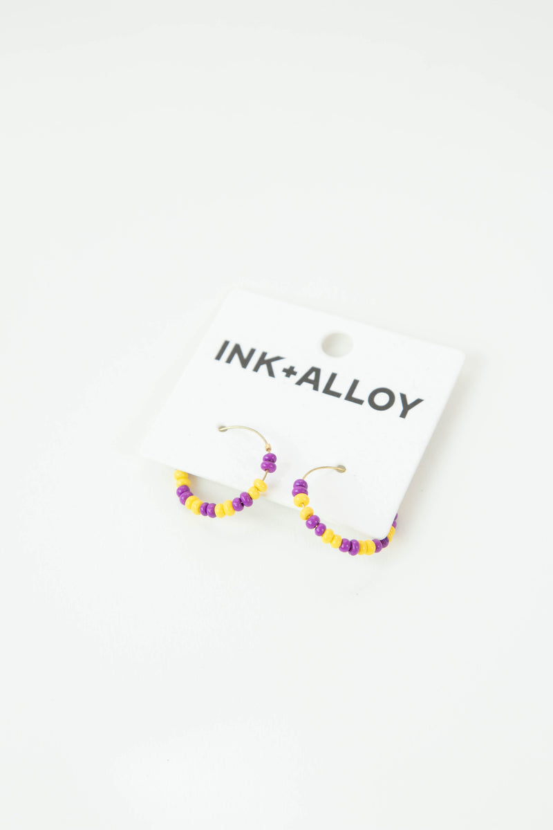 Victoria Mixed Bead Hoop Earrings, Purple/Yellow | Ink + Alloy