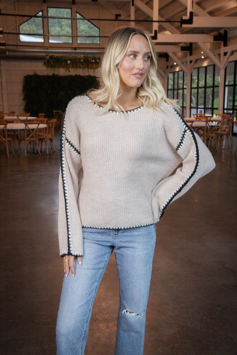 Tinsley Contrast Stitch Sweater, Oatmeal