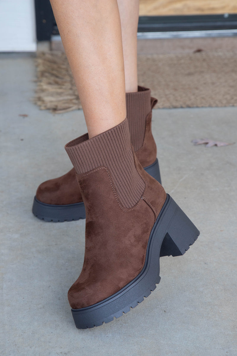 Super Knit Sock Chelsea Boots, Chocolate Faux Suede