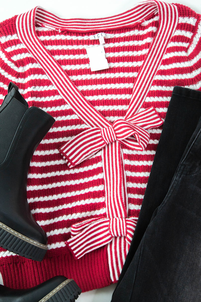 Milan Striped Bow Front Cardigan, Red