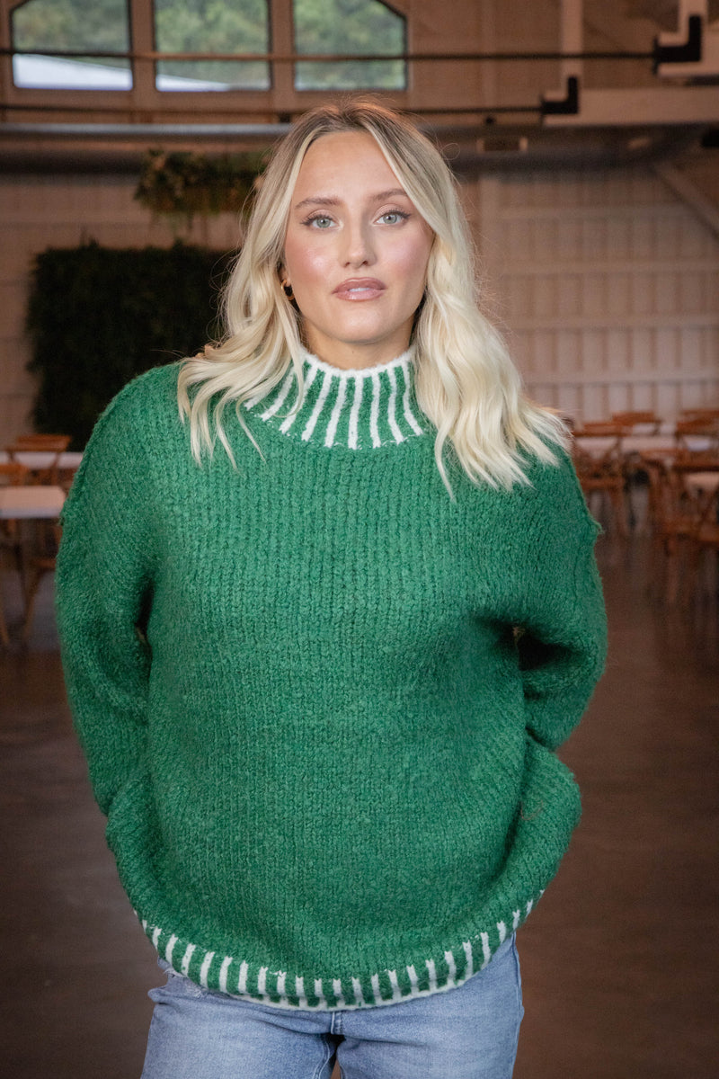 Sarina Contrast Stitched Sweater, Green