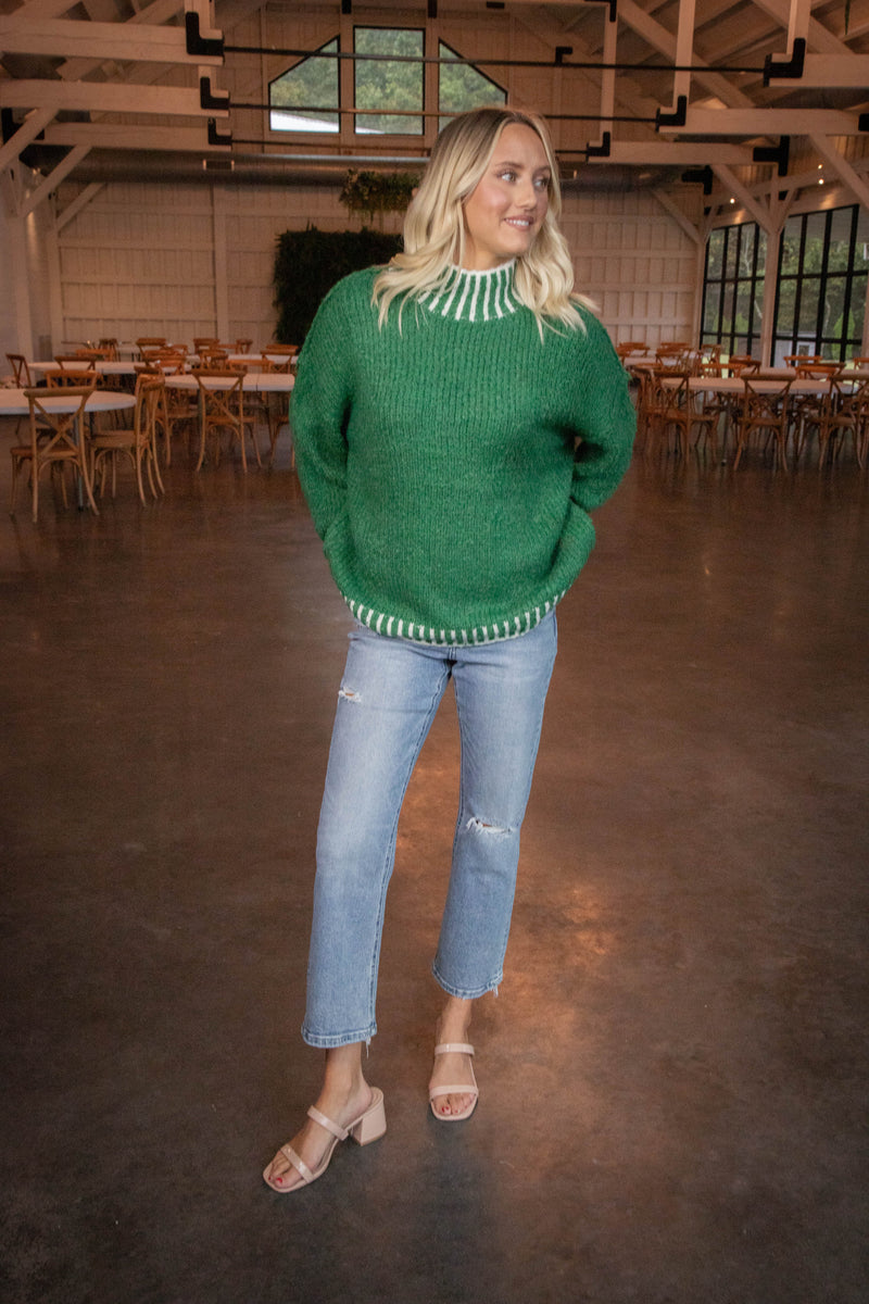 Sarina Contrast Stitched Sweater, Green