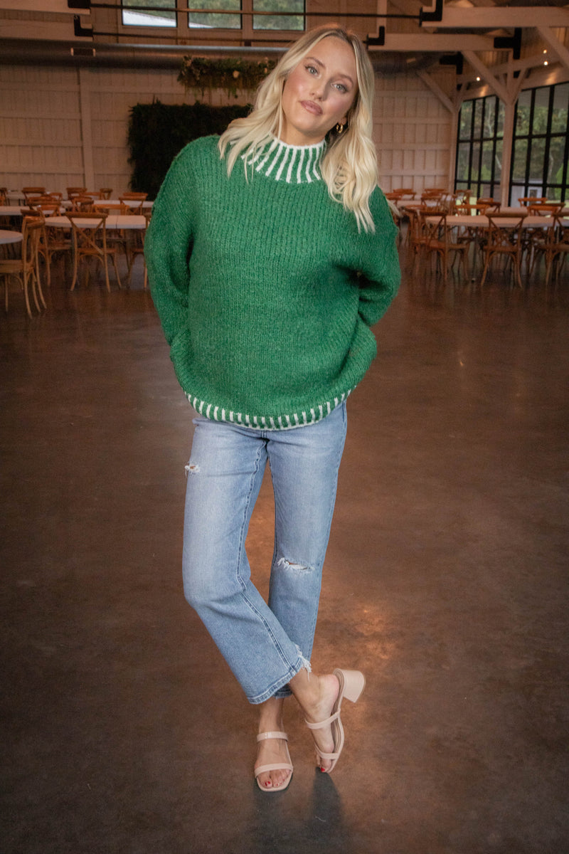 Sarina Contrast Stitched Sweater, Green