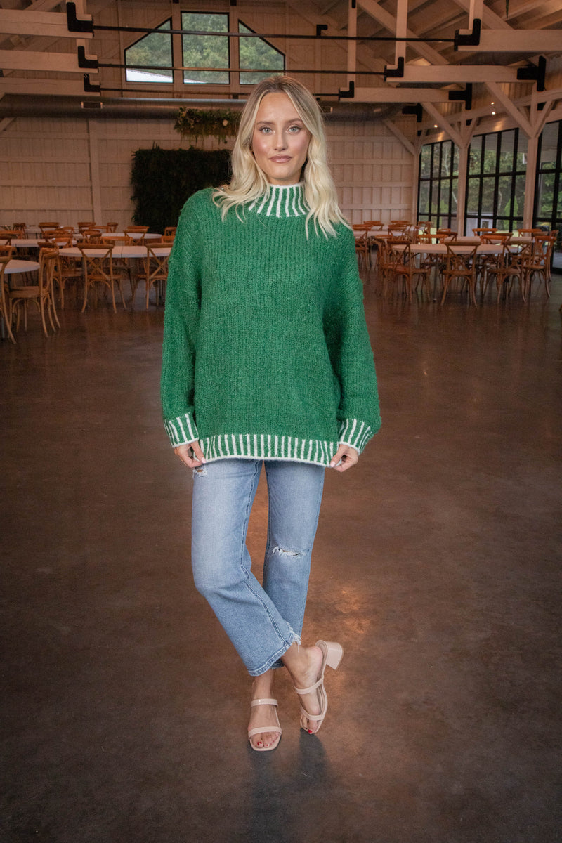 Sarina Contrast Stitched Sweater, Green