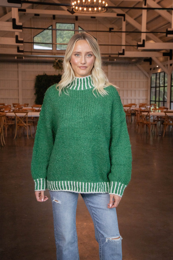 Sarina Contrast Stitched Sweater, Green