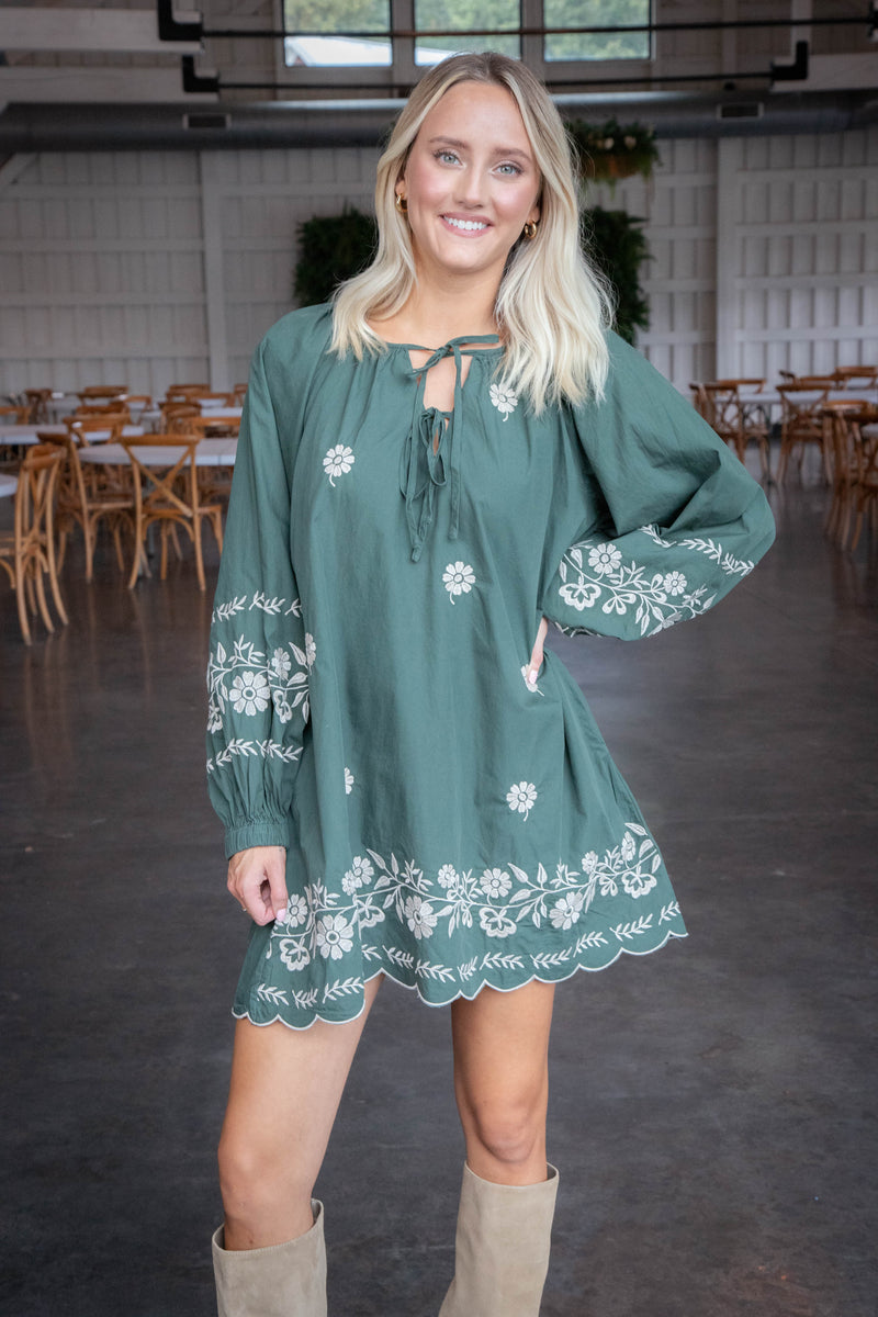 Analia Embroidered Peasant Mini Dress, Hunter Green