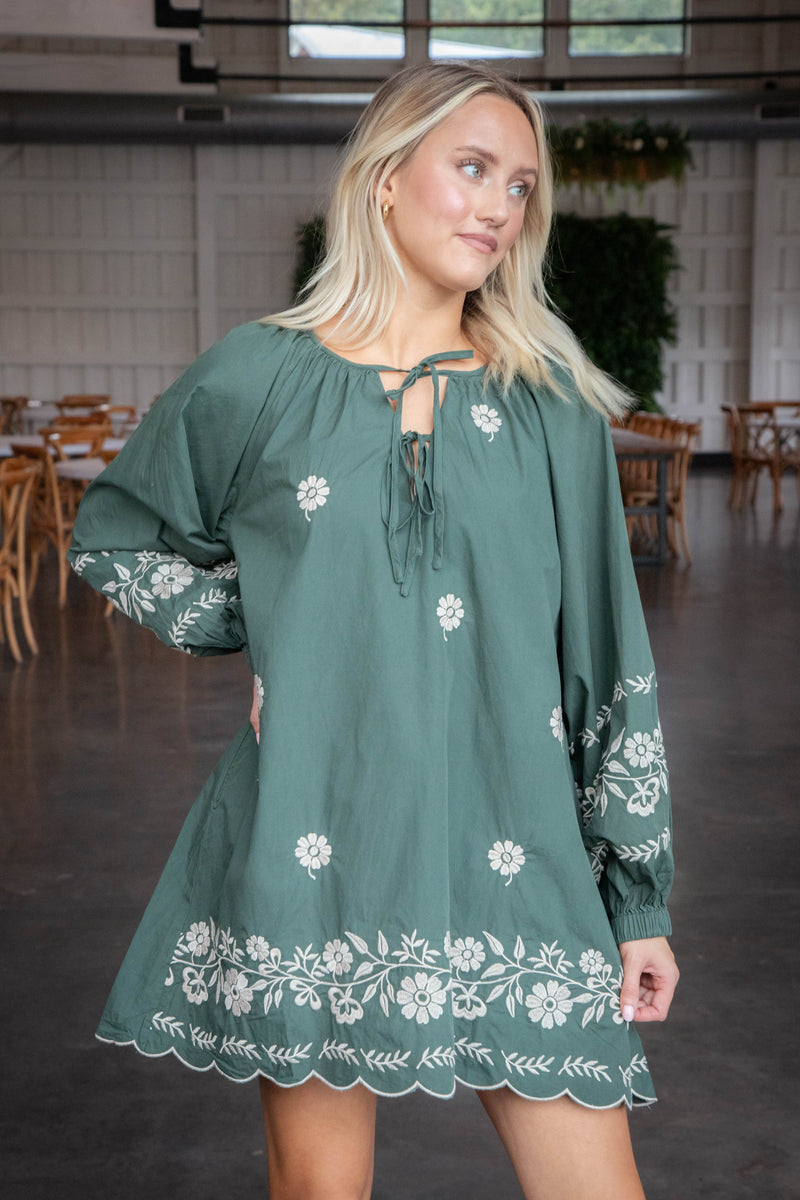 Analia Embroidered Peasant Mini Dress, Hunter Green