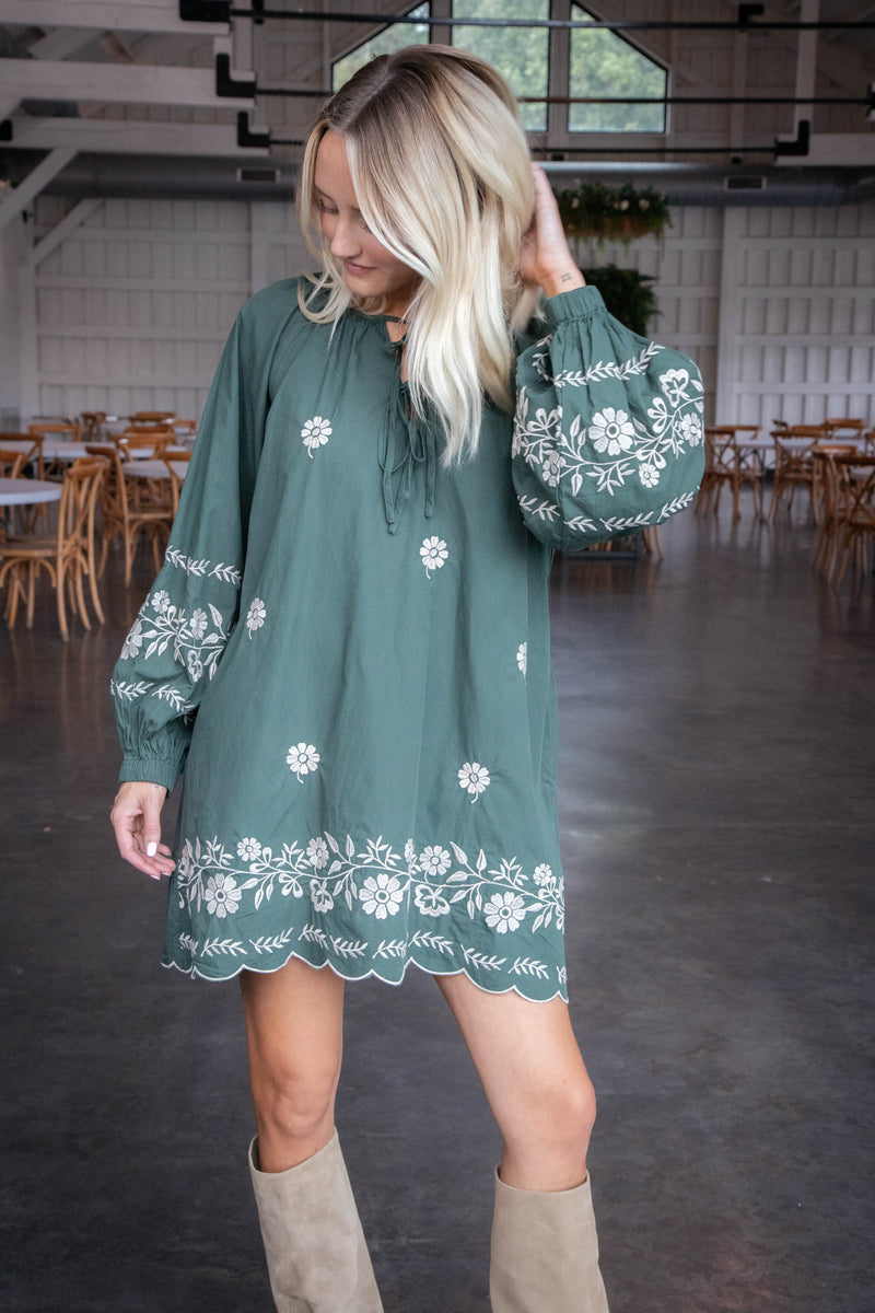 Analia Embroidered Peasant Mini Dress, Hunter Green