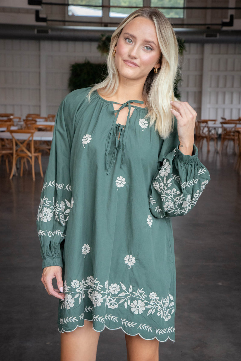 Analia Embroidered Peasant Mini Dress, Hunter Green