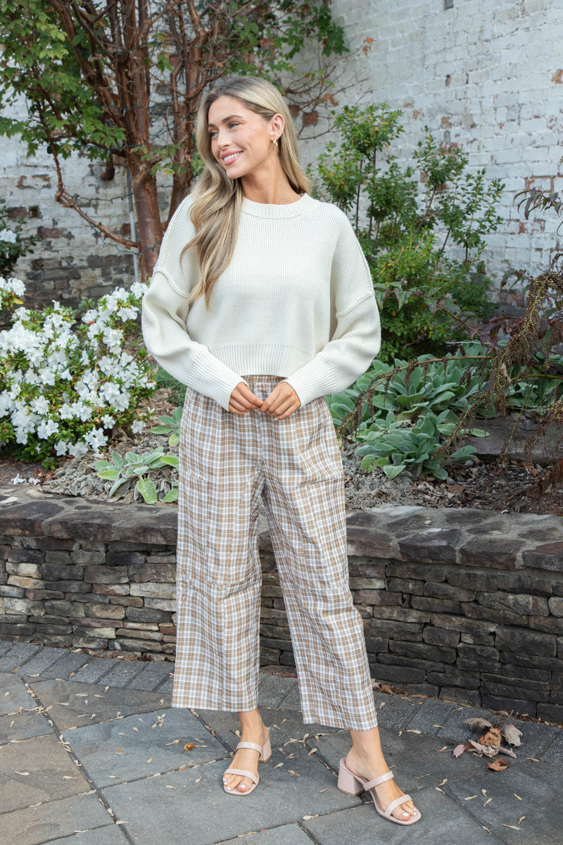 Liah Check Plaid Pants, Coffee/Ivory