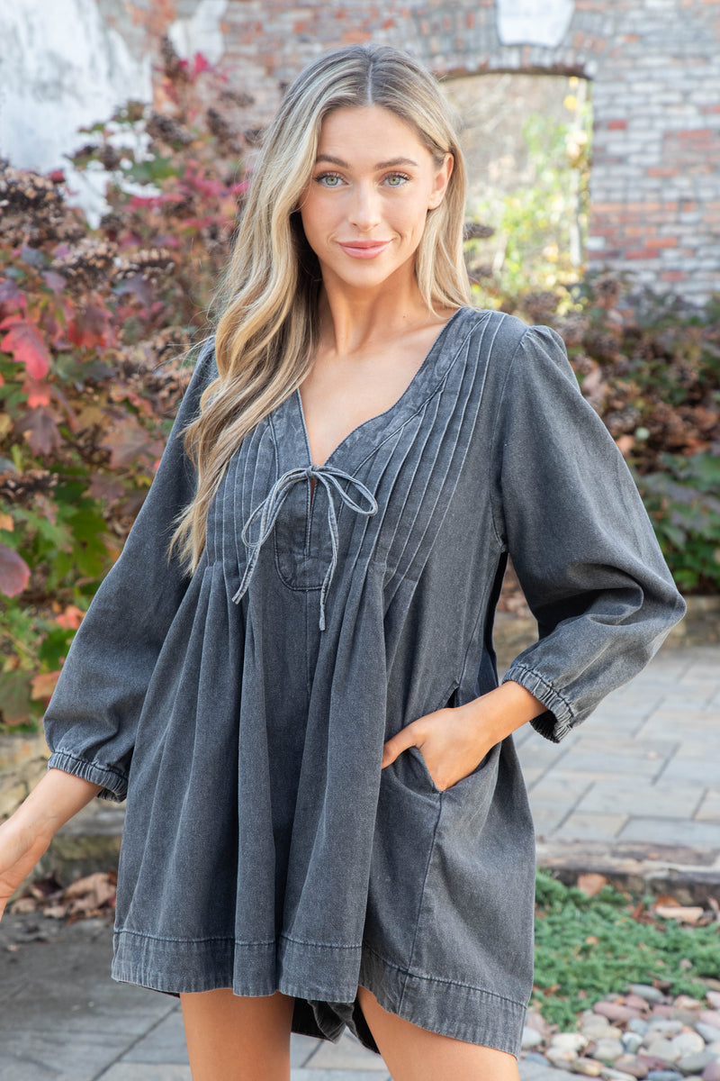 Mallorie Pleated Denim Romper, Grey