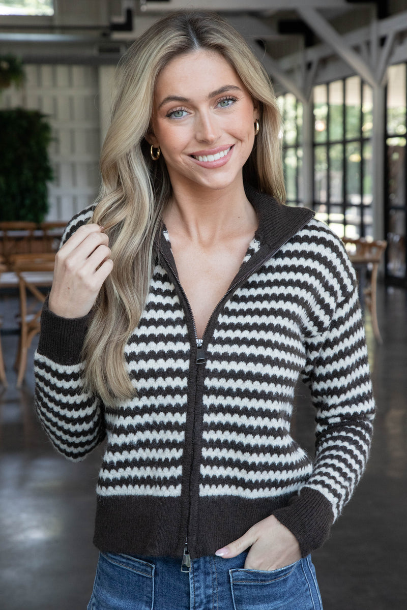 Yor Mock Neck Zip Up Cardigan, Brown Stripe | RD Style