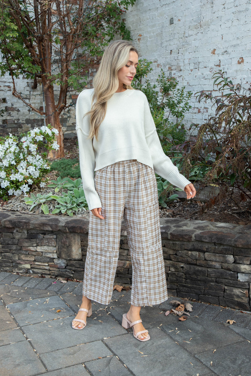 Liah Check Plaid Pants, Coffee/Ivory