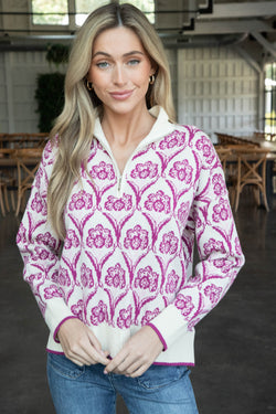 Reina Printed Half Zip Sweater, Magenta