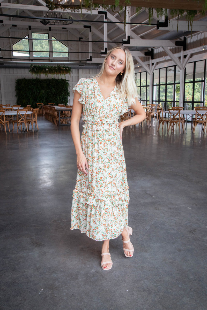 Slow Travels Ruffle Midi Dress, Cream Multi | Sadie & Sage