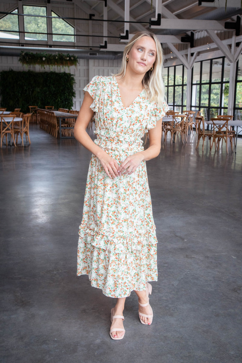 Slow Travels Ruffle Midi Dress, Cream Multi | Sadie & Sage