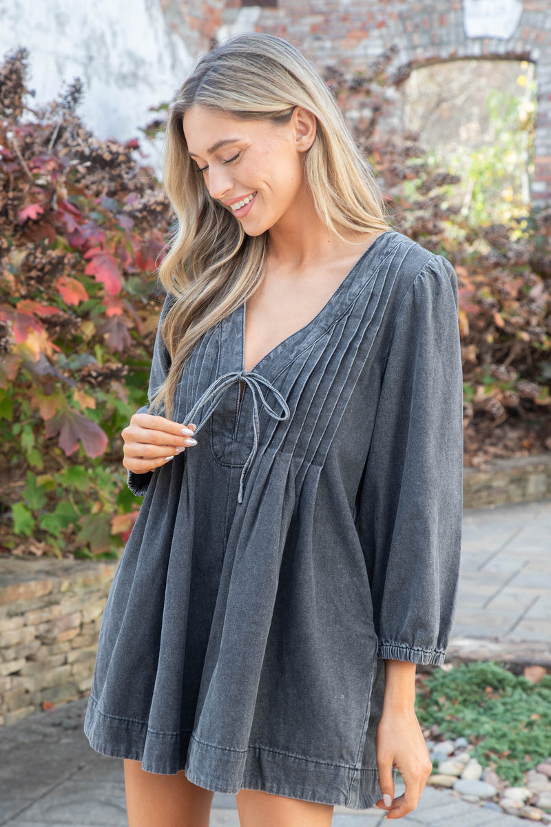 Mallorie Pleated Denim Romper, Grey