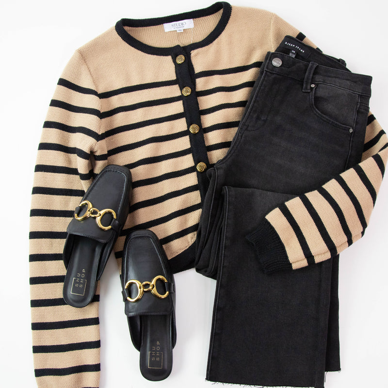 Noor Striped Crop Cardigan, Khaki