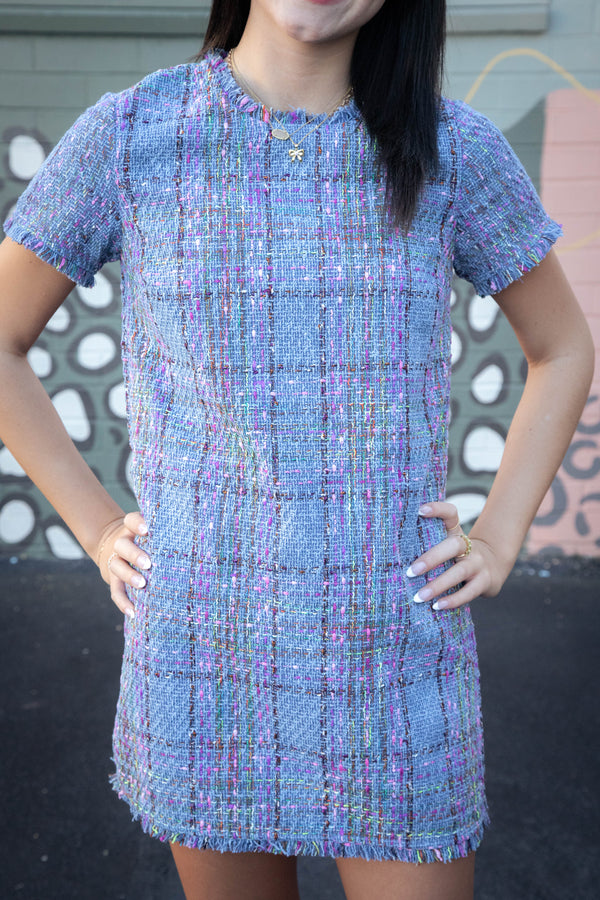 Ria Tweed Dress, Blue Multi | Steve Madden