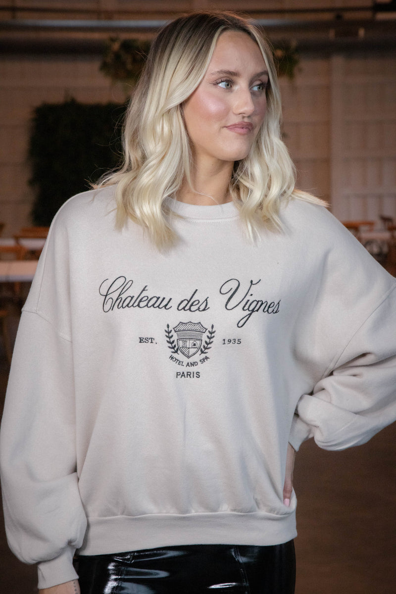 Paris Embroidered Crew Neck Sweatshirt, Khaki