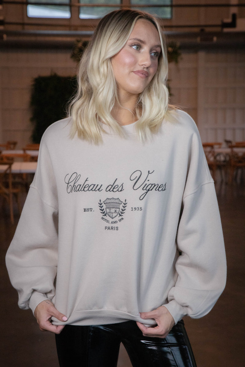 Paris Embroidered Crew Neck Sweatshirt, Khaki