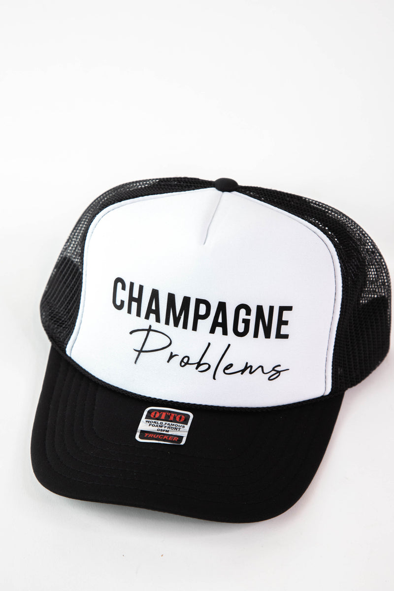 Champagne Problems Foam Trucker Hat, Black/White