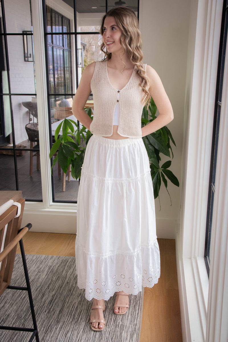 Jasmine Tiered Eyelet Maxi Skirt, White