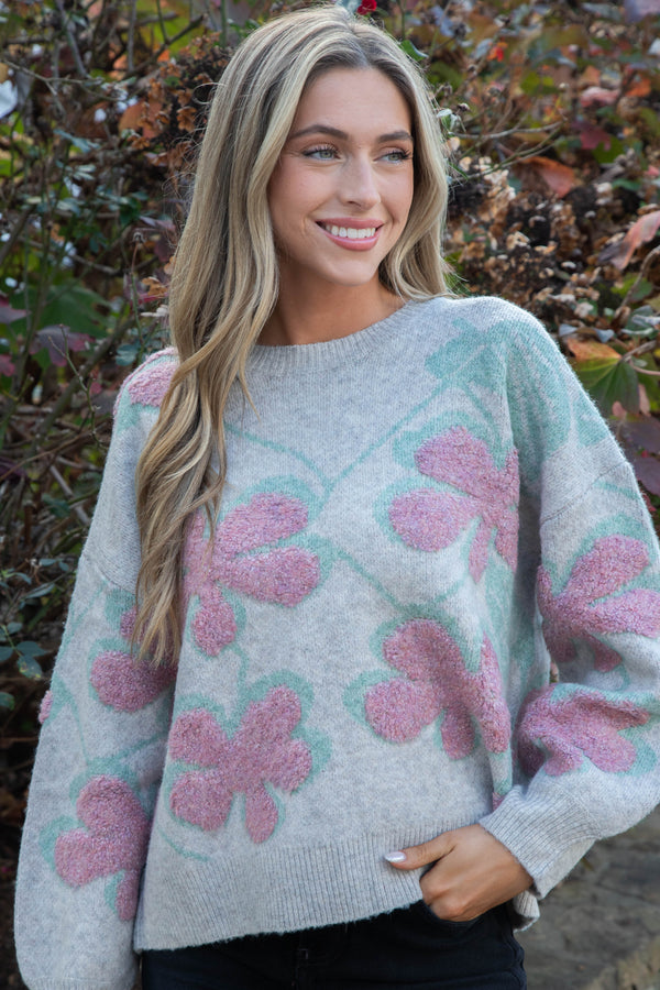 Keeley Floral Print Sweater, Oatmeal Combo