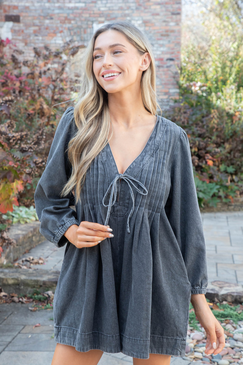 Mallorie Pleated Denim Romper, Grey