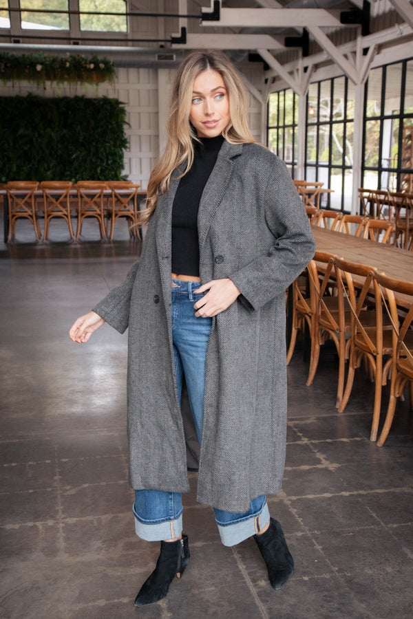 Ciera Herringbone Long Coat, Charcoal