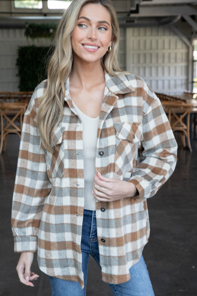 Riya Button Down Plaid Shacket, Caramel