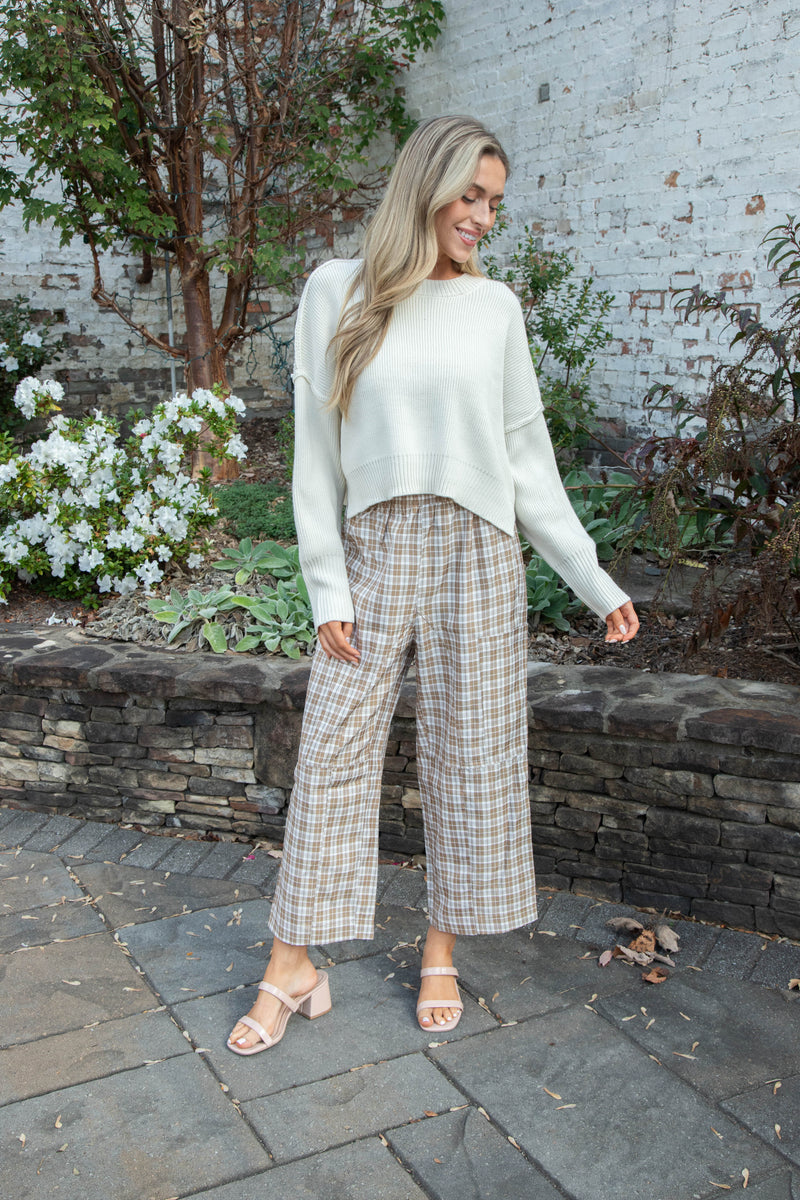 Liah Check Plaid Pants, Coffee/Ivory