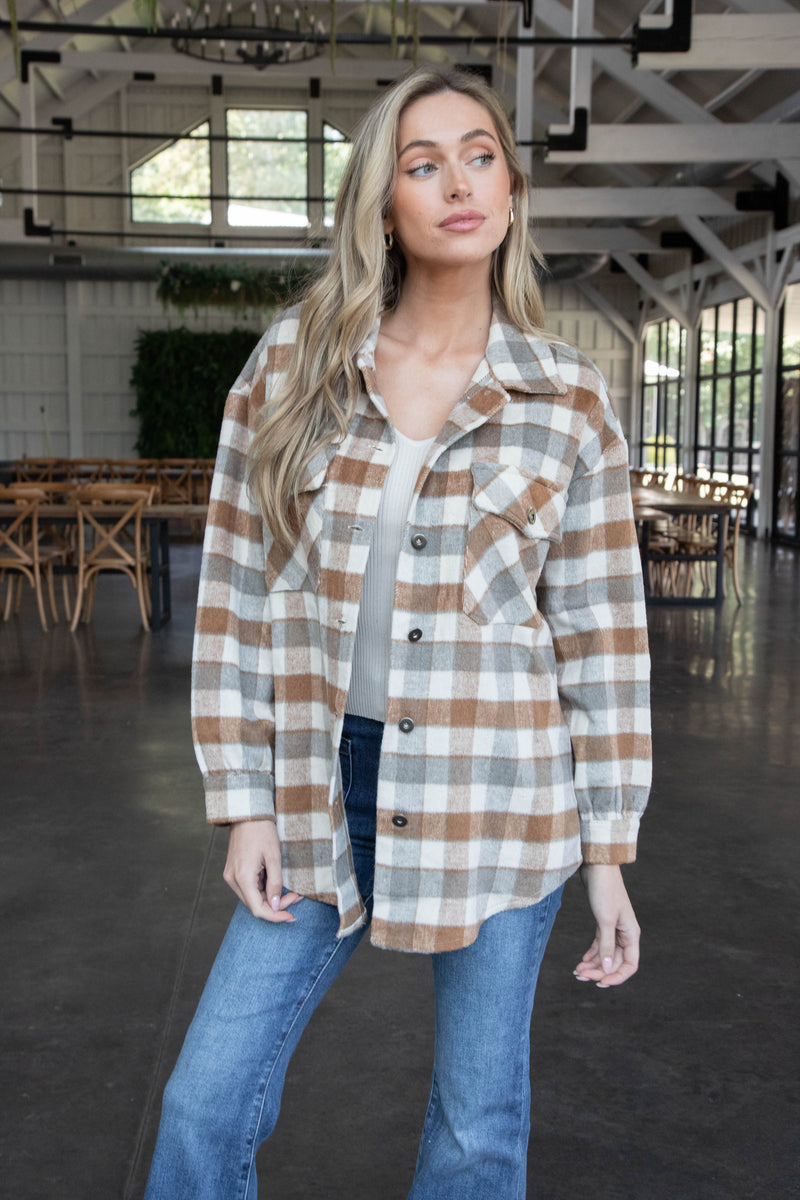 Riya Button Down Plaid Shacket, Caramel