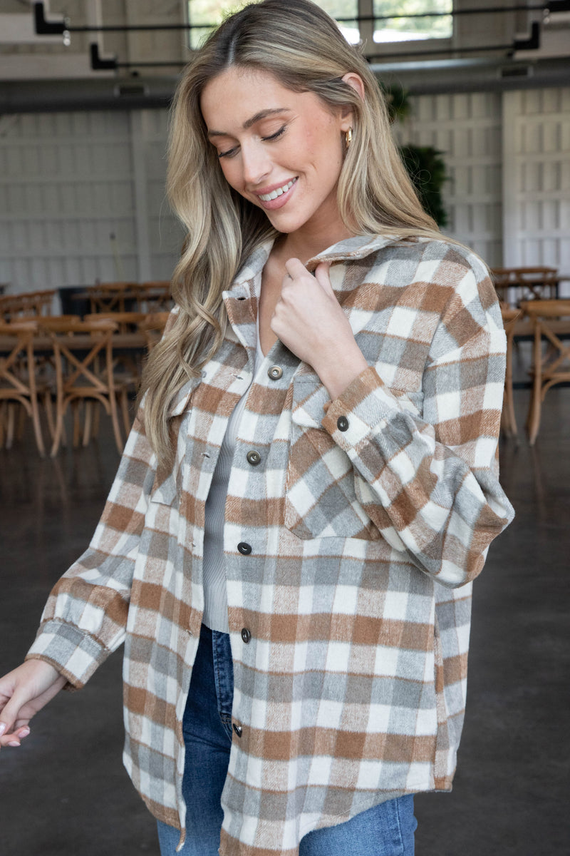 Riya Button Down Plaid Shacket, Caramel