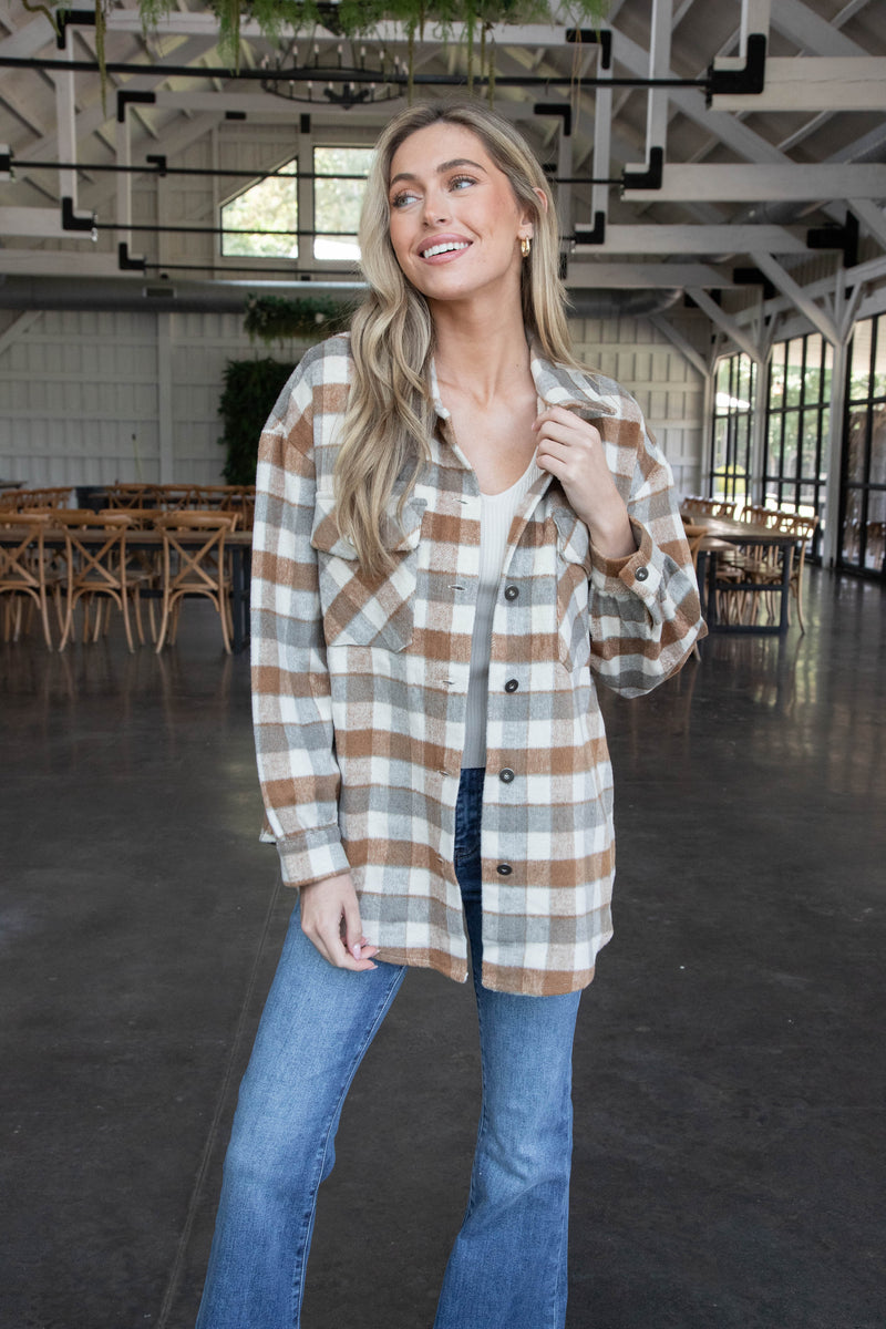 Riya Button Down Plaid Shacket, Caramel